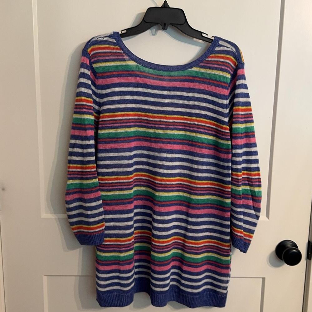 Talbots Sweater Womens XL Multicolor Stripe 100% Linen Scoop Neck 3/4 Sleeve